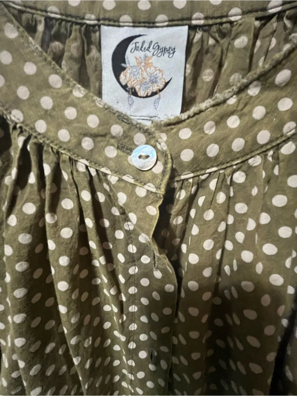 Jaded Gypsy oversized olive green white polka-dots versatile. Boho Raw Hems OS - Picture 2 of 10